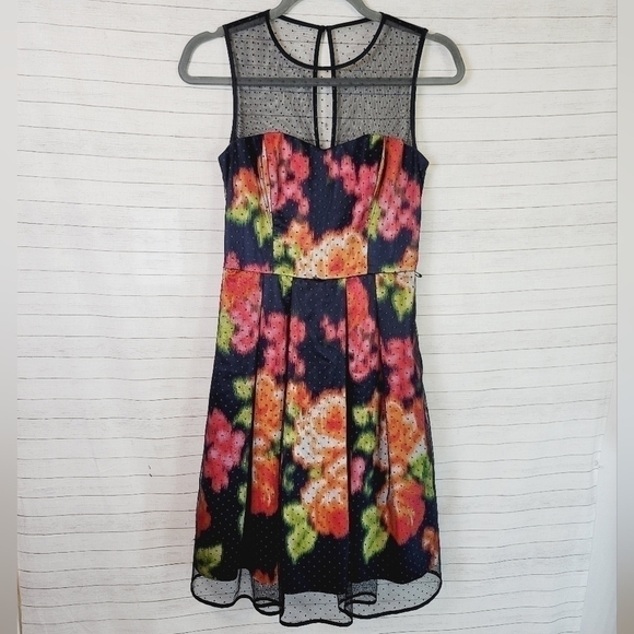 Eliza J Floral w Swiss Dot Overlay Fit & Flare Dress, sz 0 - Picture 1 of 10